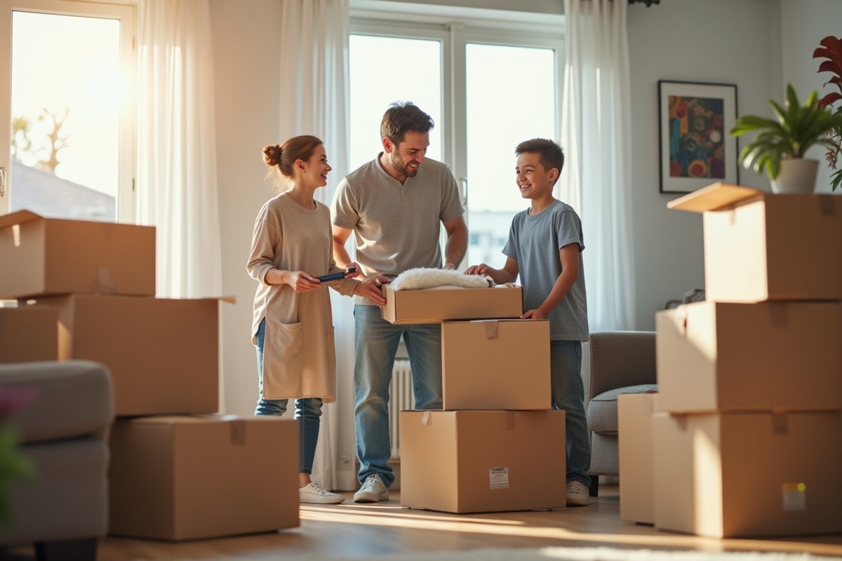 Famille heureuse dans un salon lumineux avec cartons