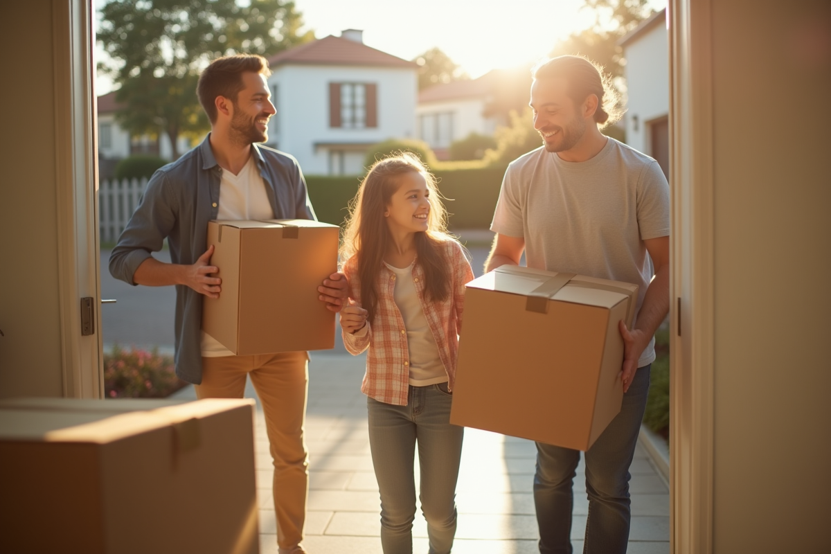 Famille heureuse lors d'un déménagement ensoleille dans une maison moderne