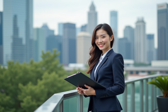 Femme d'affaires souriante sur un toit avec vue urbaine