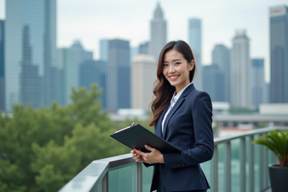 Femme d'affaires souriante sur un toit avec vue urbaine