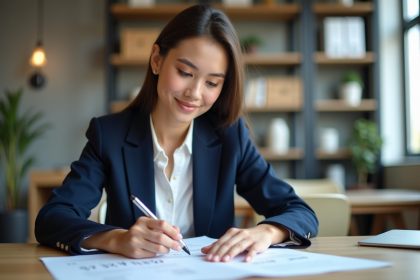 Jeune femme d'affaires en réunion immobiliere