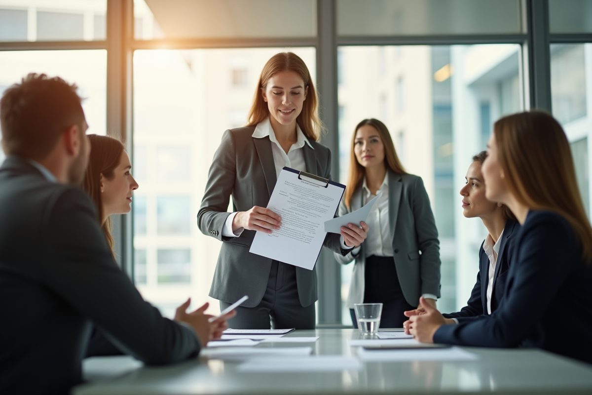 Femme d'affaires remettant un rapport à des cadres
