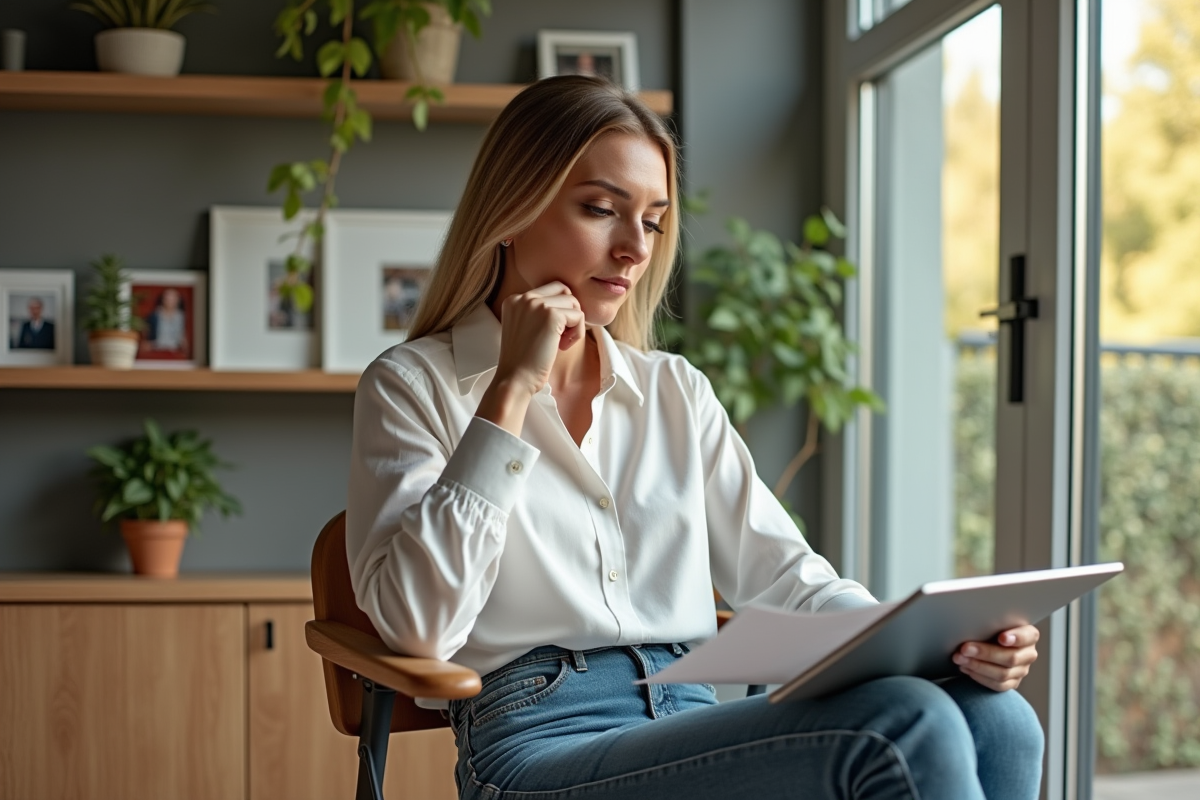 Femme dans un salon moderne avec documents et tablette