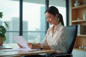 Femme au bureau en pleine concentration optimiste