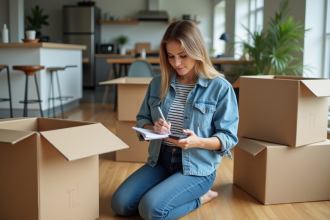 Femme en jeans calcule le poids de ses affaires