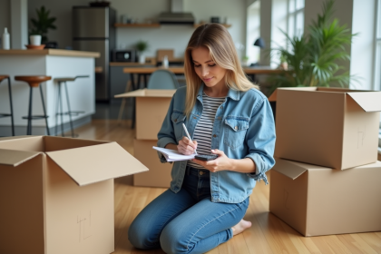 Femme en jeans calcule le poids de ses affaires