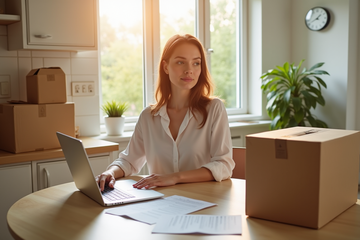 Jeune femme à la cuisine remplissant formulaire de changement d'adresse