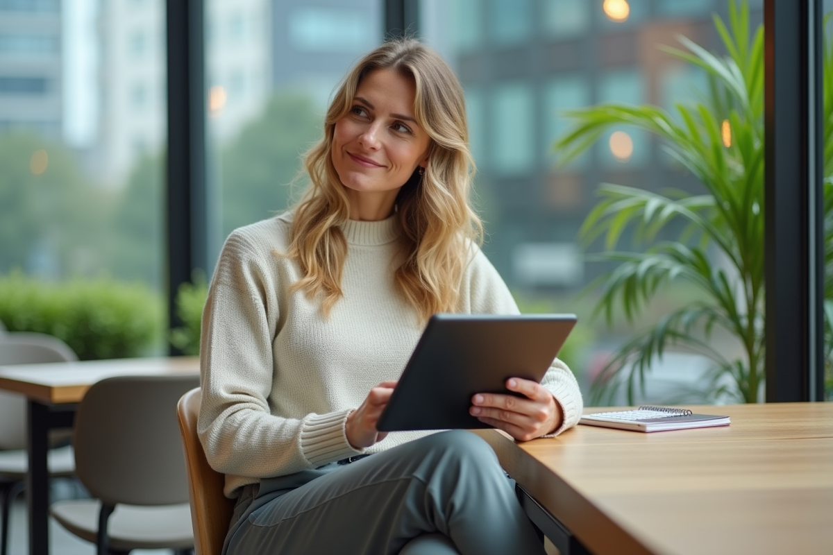 Femme souriante utilisant une calculatrice immobiliere dans un espace de coworking