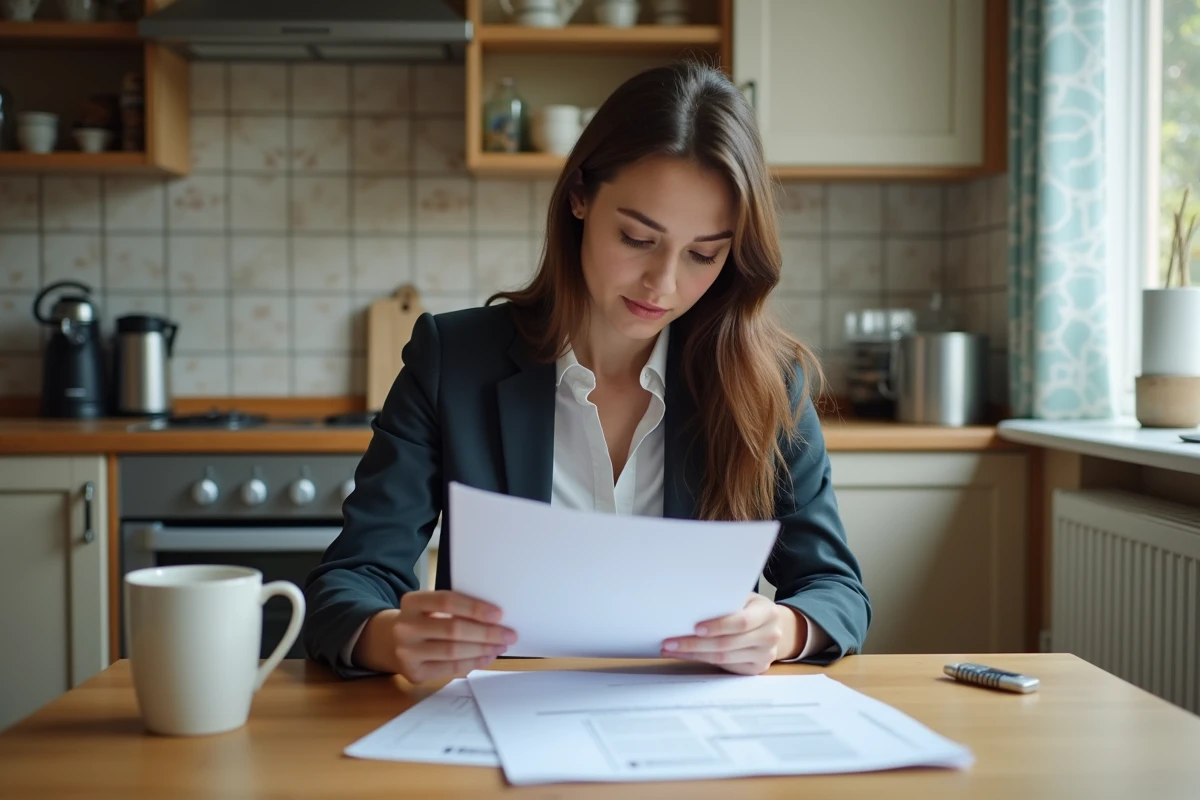 Jeune femme d affaires examinant dossiers dans une cuisine moderne