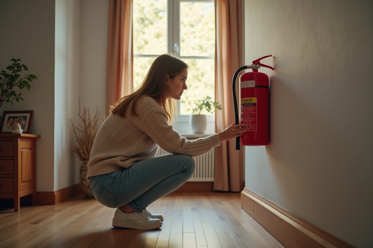 Jeune femme vérifiant un extincteur dans son salon