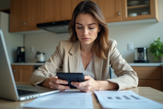 Femme d'affaires examinant des documents financiers chez elle