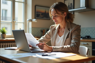 Femme française d'âge moyen travaillant à son bureau dans une cuisine lumineuse