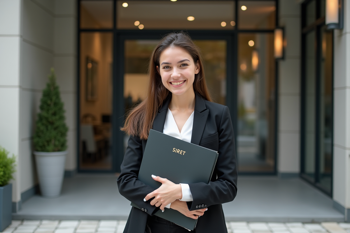 Jeune femme française souriante devant un immeuble contemporain
