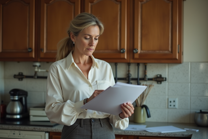 Femme d'âge moyen examinant des documents dans la cuisine