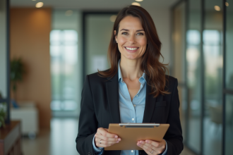 Femme en costume professionnel dans une agence immobiliere