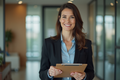 Femme en costume professionnel dans une agence immobiliere
