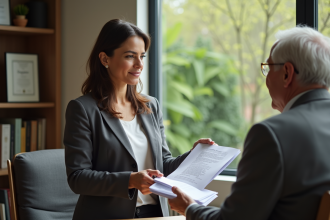 Femme d'âge moyen avec documents immobiliers dans un bureau chaleureux