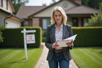 Femme en blazer lisant documents devant maison en vente