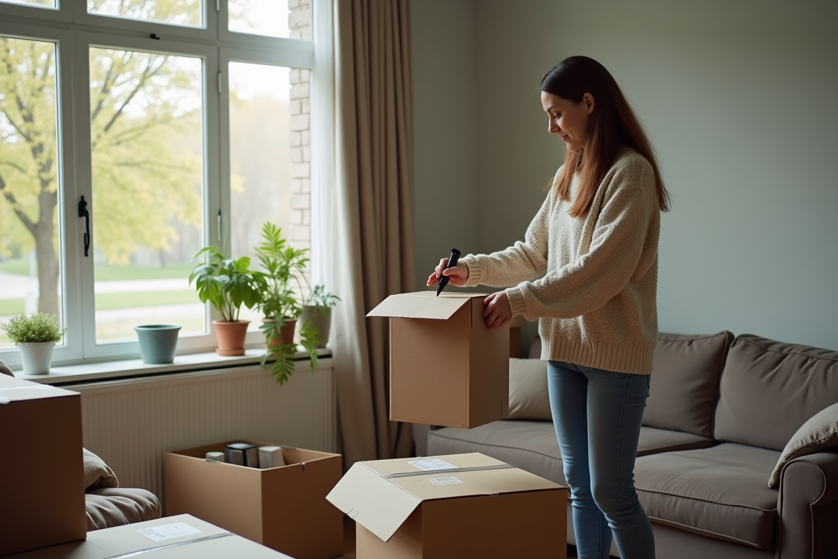 Femme étiquetant une boîte de déménagement dans le salon