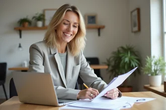 Femme souriante en appartement français lisant des documents