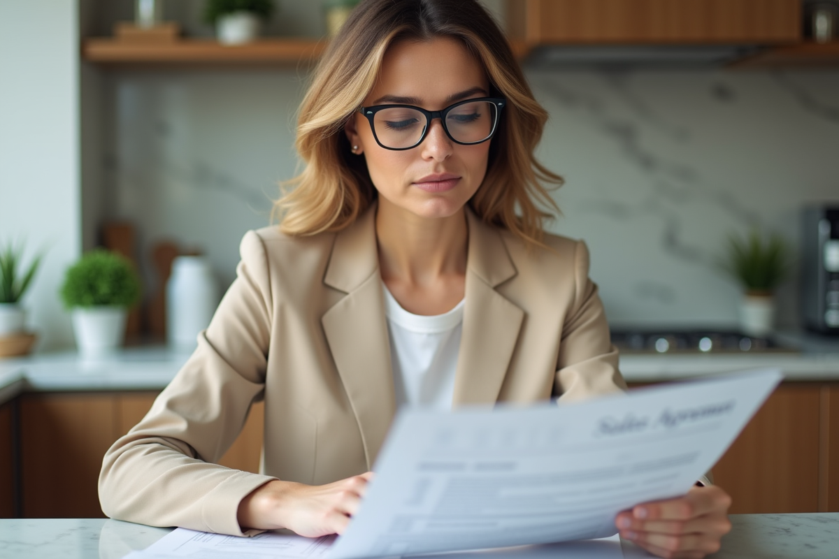 Femme en blazer beige lit un contrat dans sa cuisine