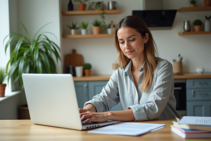 Femme d age moyen travaillant sur un ordinateur et documents de prêt immobilier