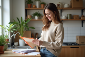 Femme souriante triant du courrier dans sa nouvelle cuisine