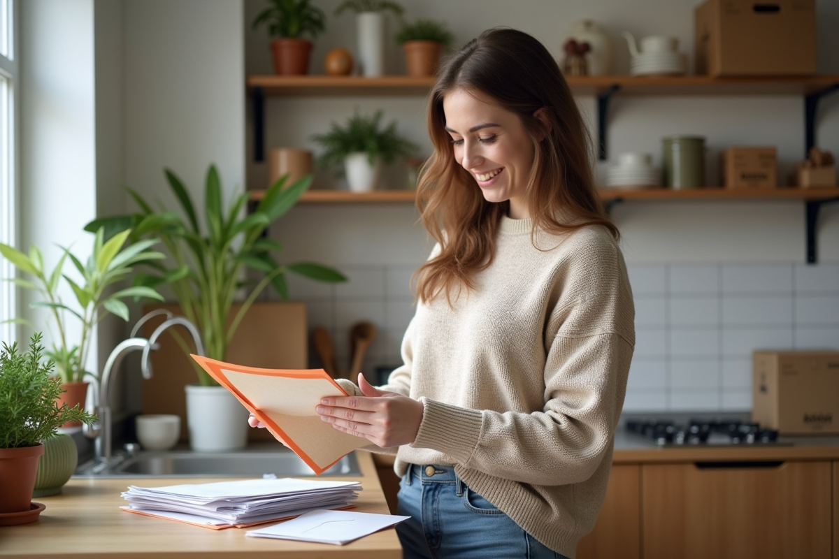 Femme souriante triant du courrier dans sa nouvelle cuisine