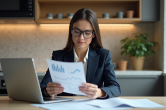 Femme professionnelle en blazer examine un graphique dans une cuisine moderne