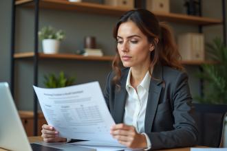 Femme professionnelle en blazer analysant documents financiers