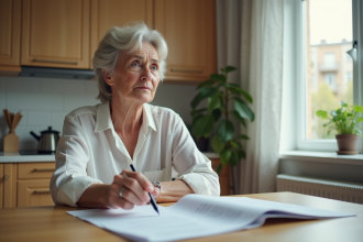 Femme réfléchie assise à la cuisine avec papiers et stylo