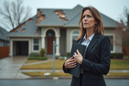 Femme en costume debout devant maison endommagee