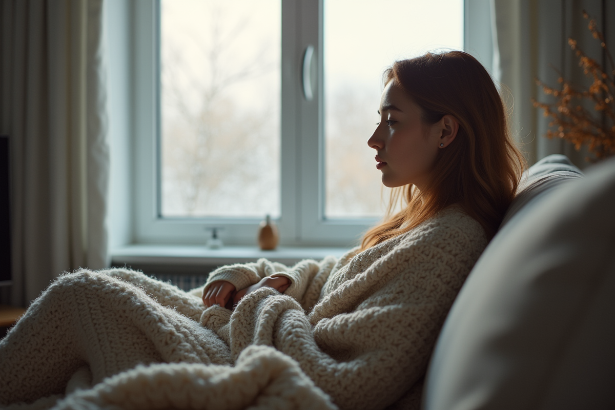 Jeune femme assise sur un sofa dans un salon froid