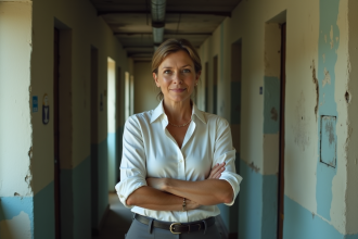 Femme d'âge moyen dans un couloir délabré d'appartement