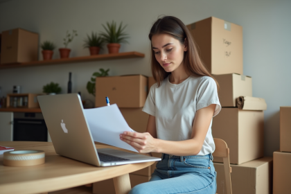 Jeune femme concentr&eacute;e sur son ordinateur lors d'un d&eacute;m&eacute;nagement