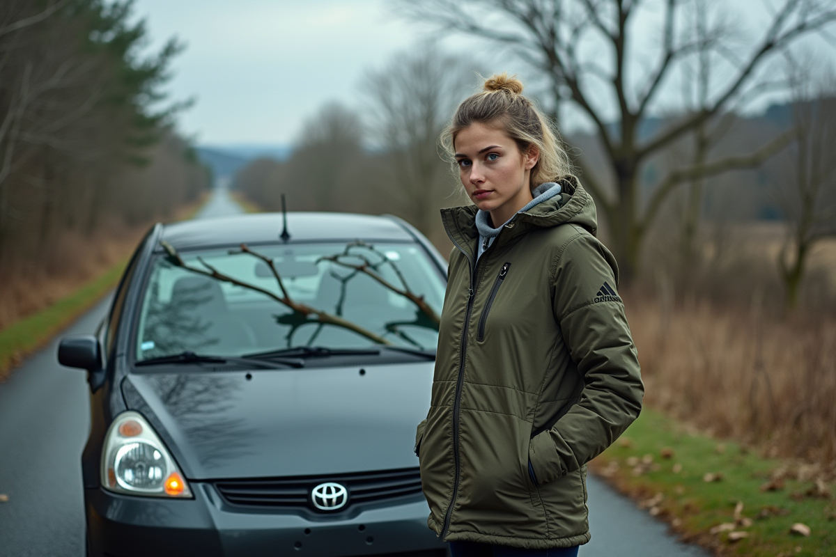 Jeune femme examine sa voiture après une tempête en campagne