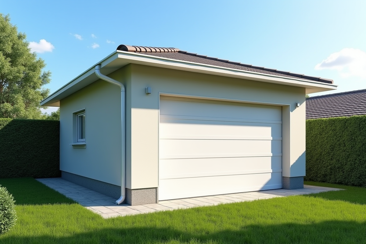 Garage détaché dans un environnement résidentiel avec jardin ensoleillé