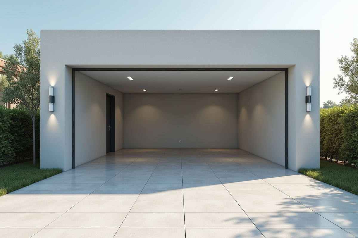 Garage neuf attaché à une maison moderne avec entrée lumineuse