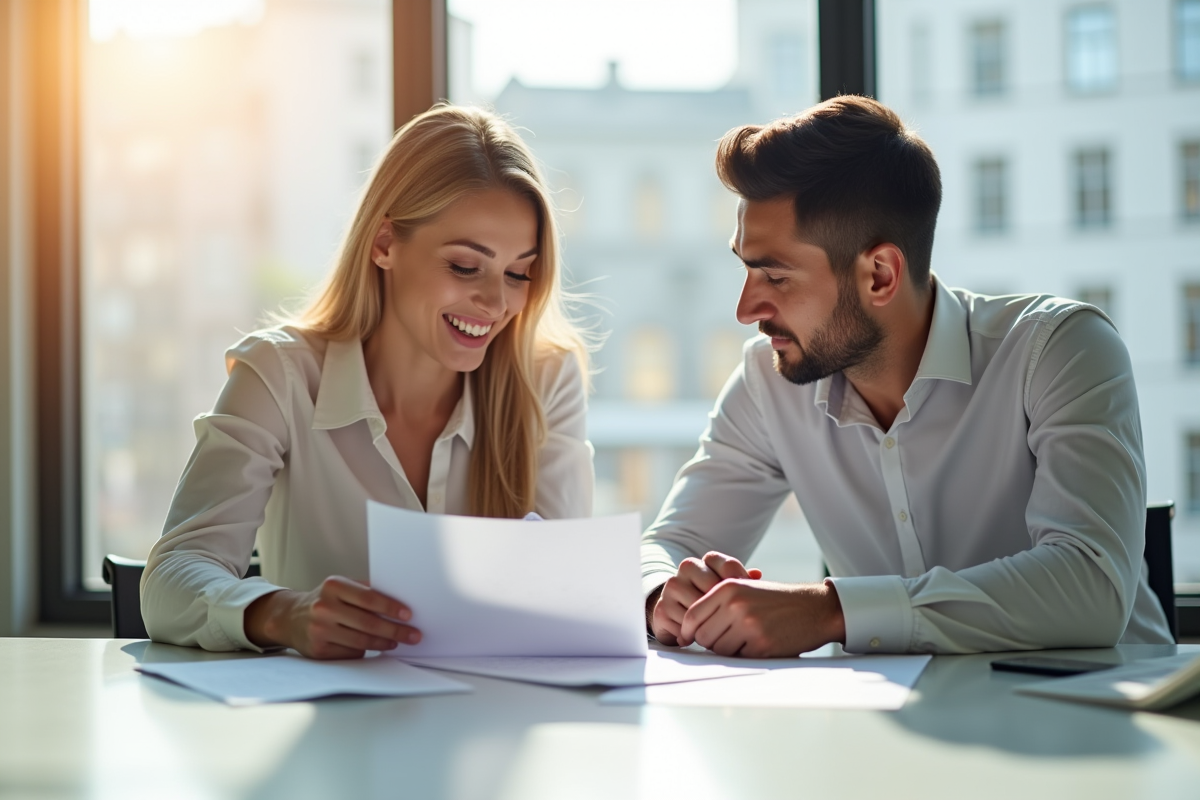 Gestionnaire immobilier et couple examinant documents location