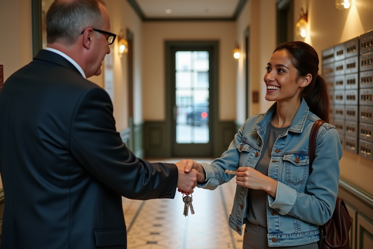 Agent immobilier remet des clés à une jeune femme souriante