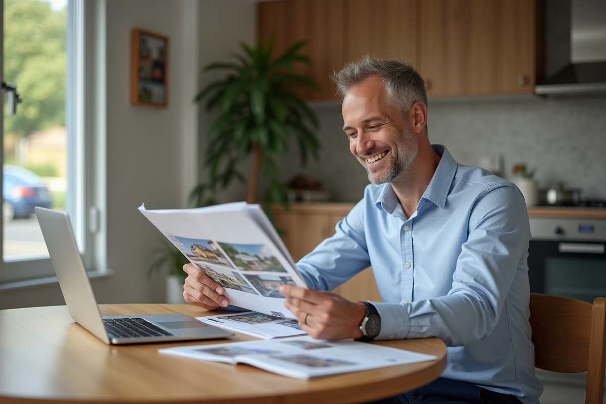Homme d affaires examinant catalogues dans maison moderne
