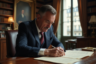 Homme d'affaires en costume lisant des documents dans un intérieur parisien