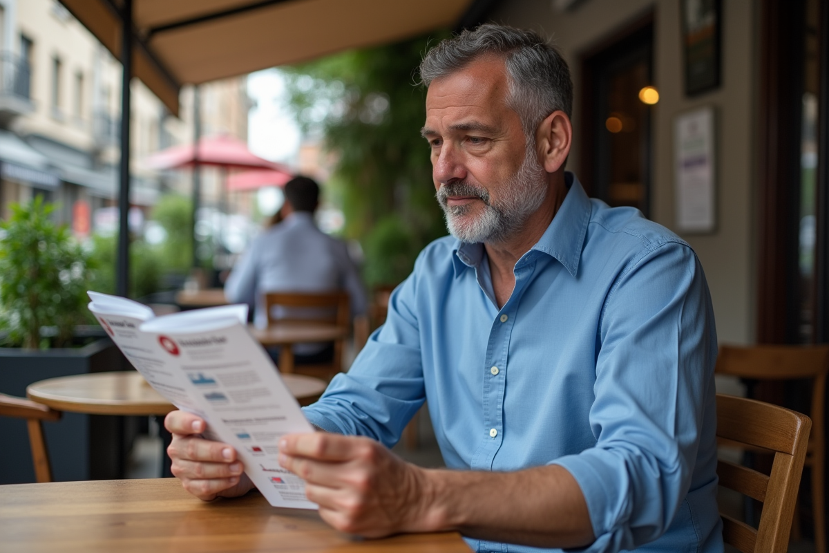Homme d age moyen consulte des brochures dans un café en plein air