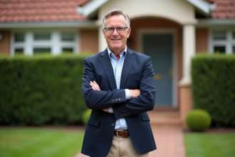 Homme confiant devant une maison de banlieue