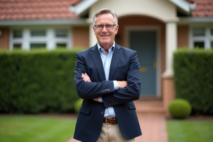 Homme confiant devant une maison de banlieue