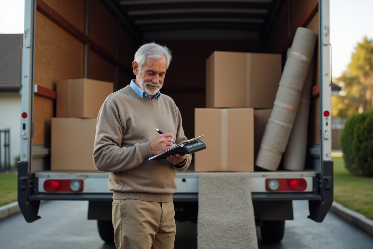 Homme vérifie le chargement dans un camion de déménagement