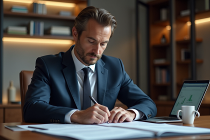 Homme fran&ccedil;ais en costume bleu travaillant dans un bureau moderne