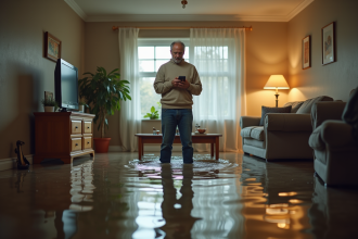 Homme d'âge moyen dans une salle inondée documentant les dégâts
