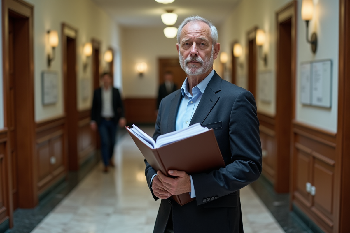 Homme en costume dans un couloir de tribunal avec dossier