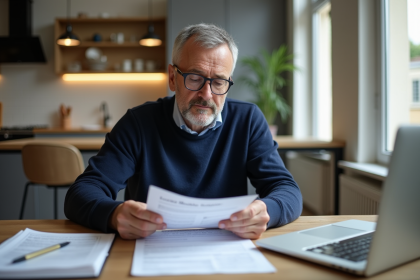 Homme d'âge moyen lisant des documents de location meublée